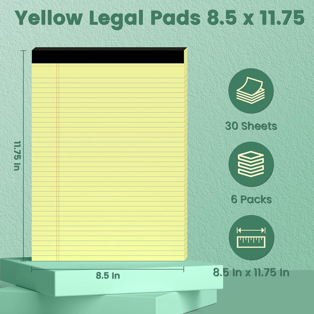 6 Pack Yellow Legal Pads, 8.5 x 11 College Ruled Notepads, 30 Sheets Each