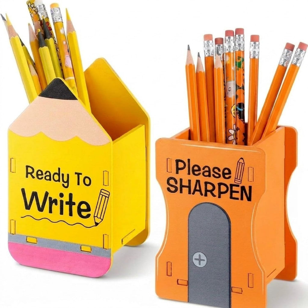 Sherr 2 Pcs Wood Pencil Holder Desk, Pencil and Sharpener, Yellow and Orange