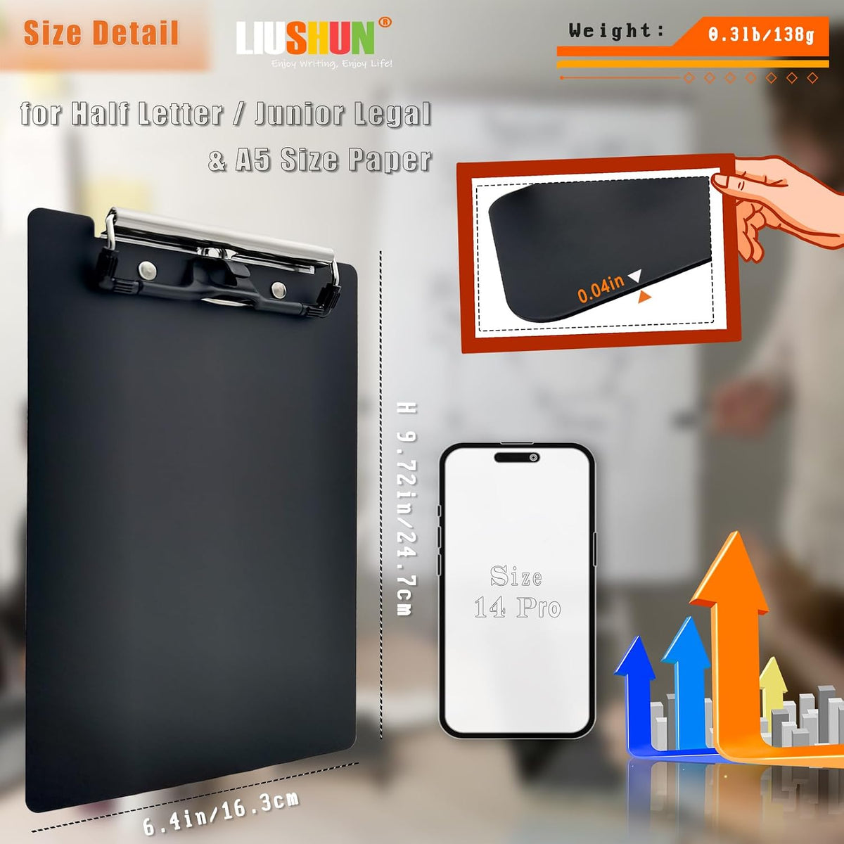 Small Aluminum Clipboard Metal A5 Memo Clip Boards w/Hangable Pen Holder