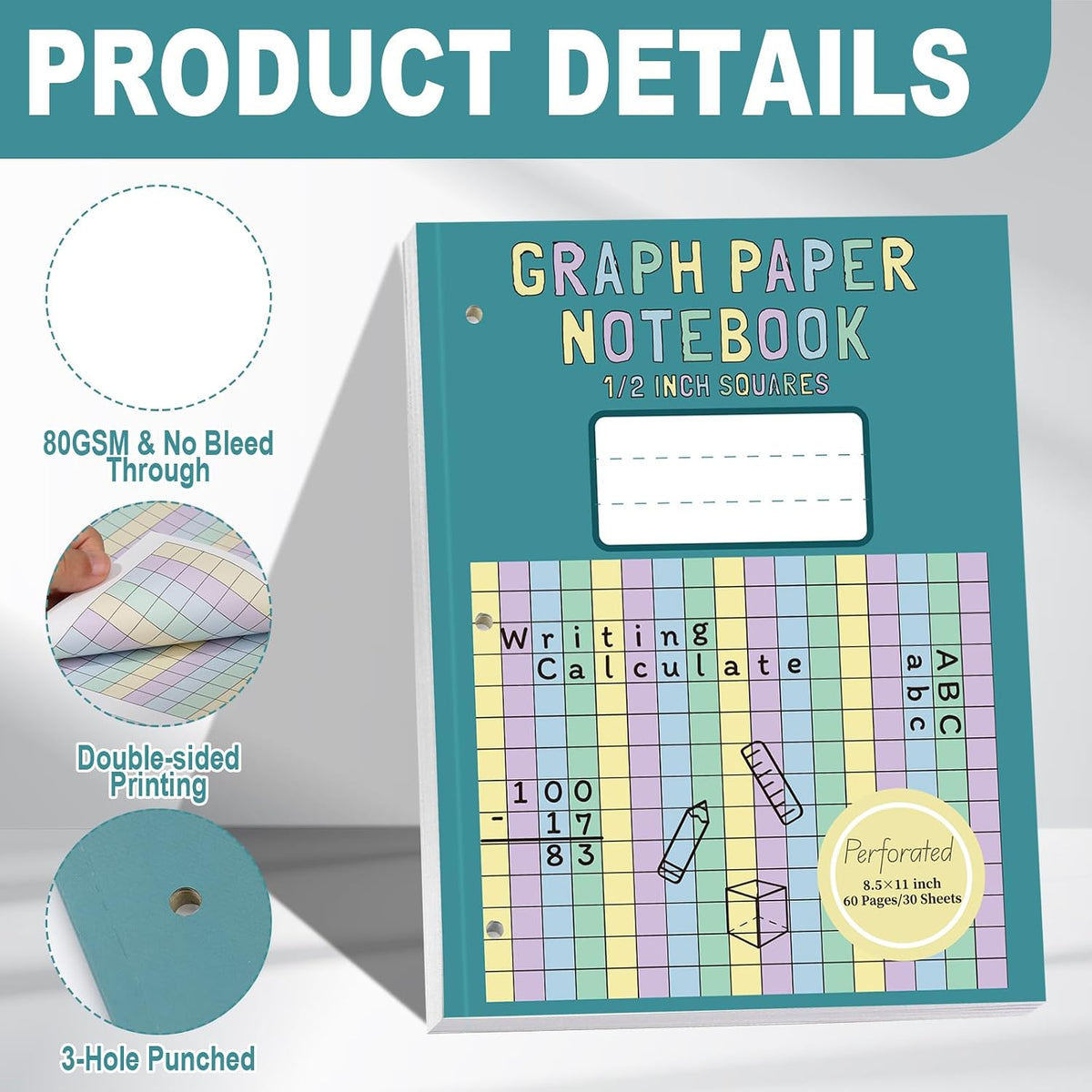 2 Pack Colored Graph Paper Notebook 8.5"x 11" Large Square Graph Paper for 3 Ring Binder