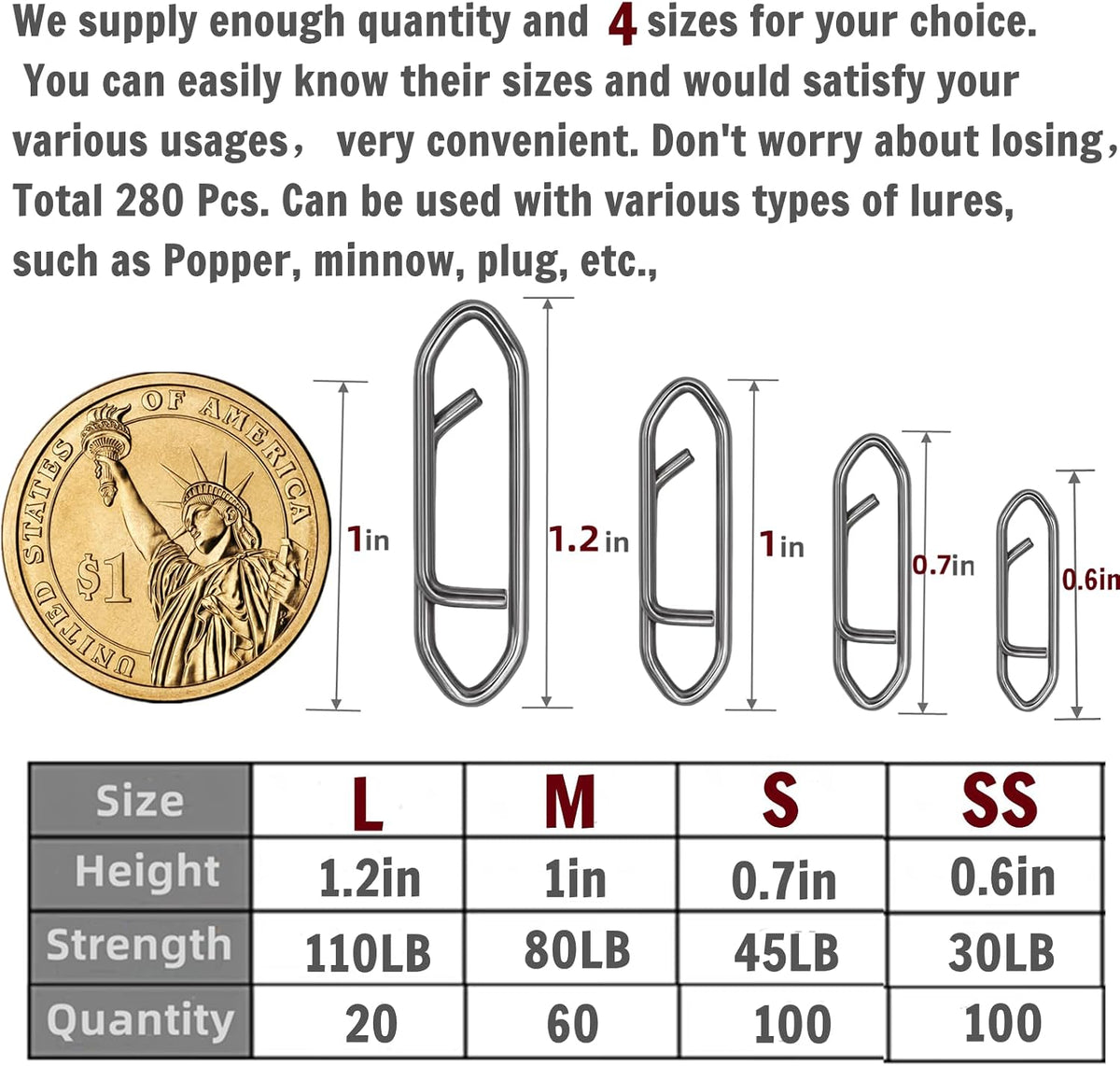 280Pcs/Box Stainless Steel Fishing Power Speed Clips (SS:100Pcs,S:100Pcs,M:60Pcs