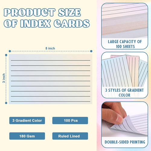 100 Pack Ruled Index Cards 3x5 Gradient Colored Index Cards Heavy Weight Note Cards