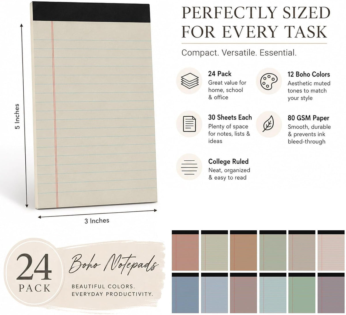 24PCS 3x5 Small Notepads Bulk, College Ruled Lined Memo Pads, Boho Colors
