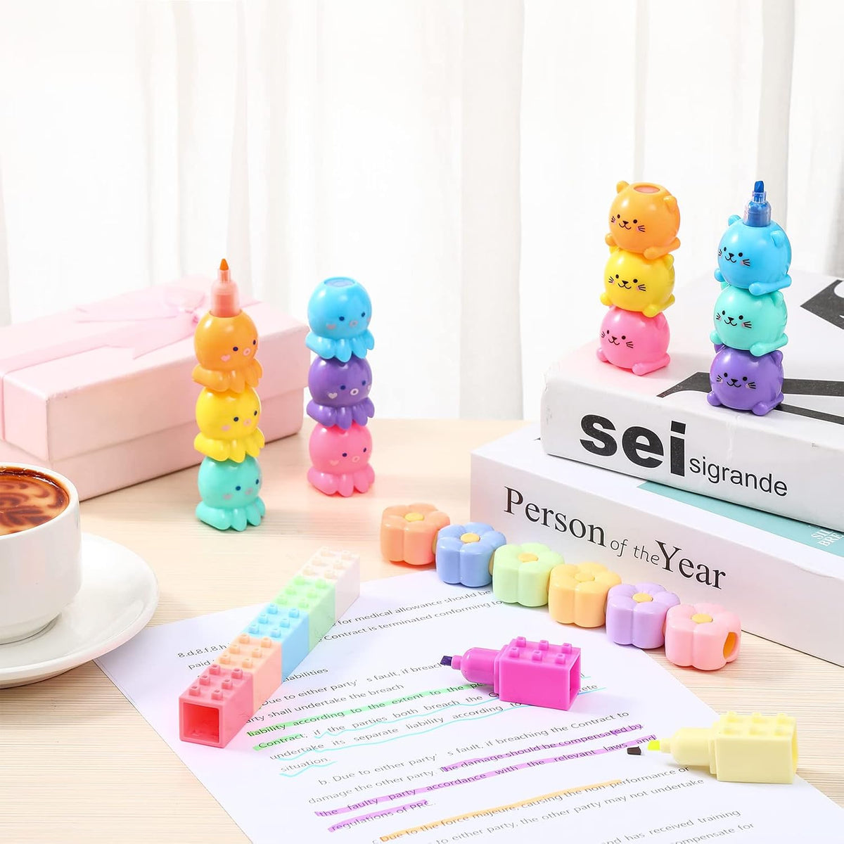 Teling 20 Pcs Cute Mini Highlighter Pens, Octopus, Blocks, Cat, Flower