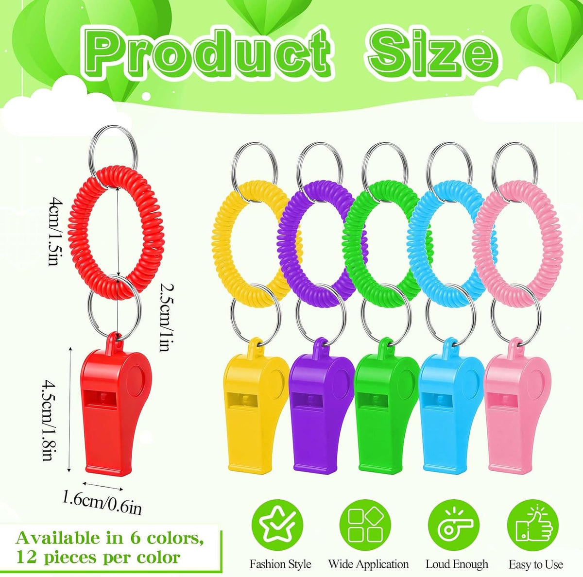 72 Pcs Sport Whistle with Bracelet, 6 Colors Loud Clear Plastic Whistles with Stretchable