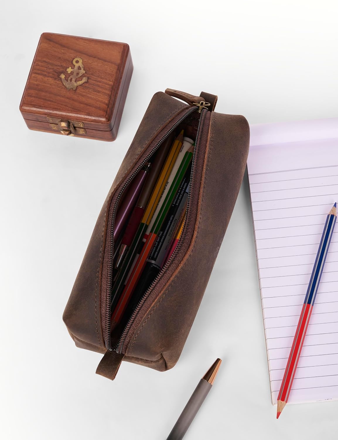 PIDAVLIYA'S Leather Pencil Case - Handcrafted Full-Grain Zipper Leather Pen Pencil Holder