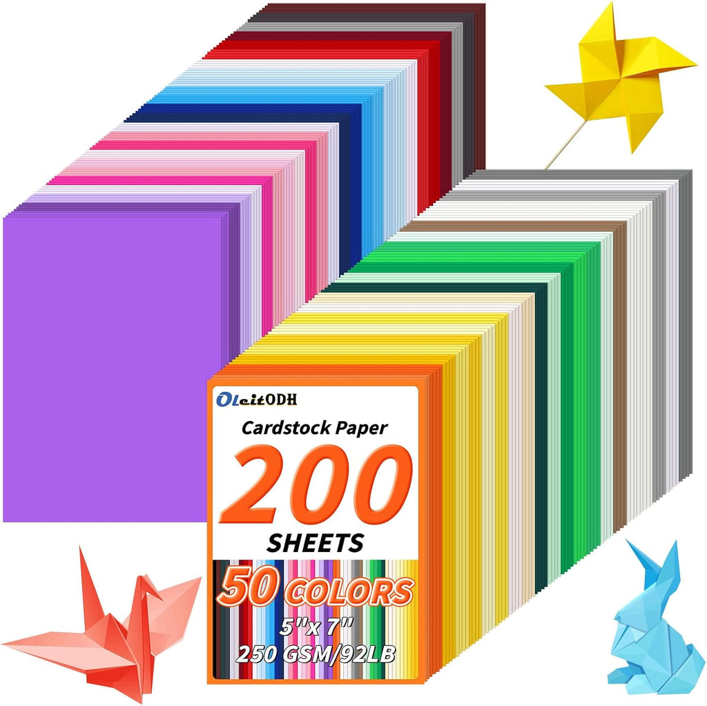 200 Pack 5" x 7" Cardstock, 50 Colors, 250GSM Thick Colored Paper