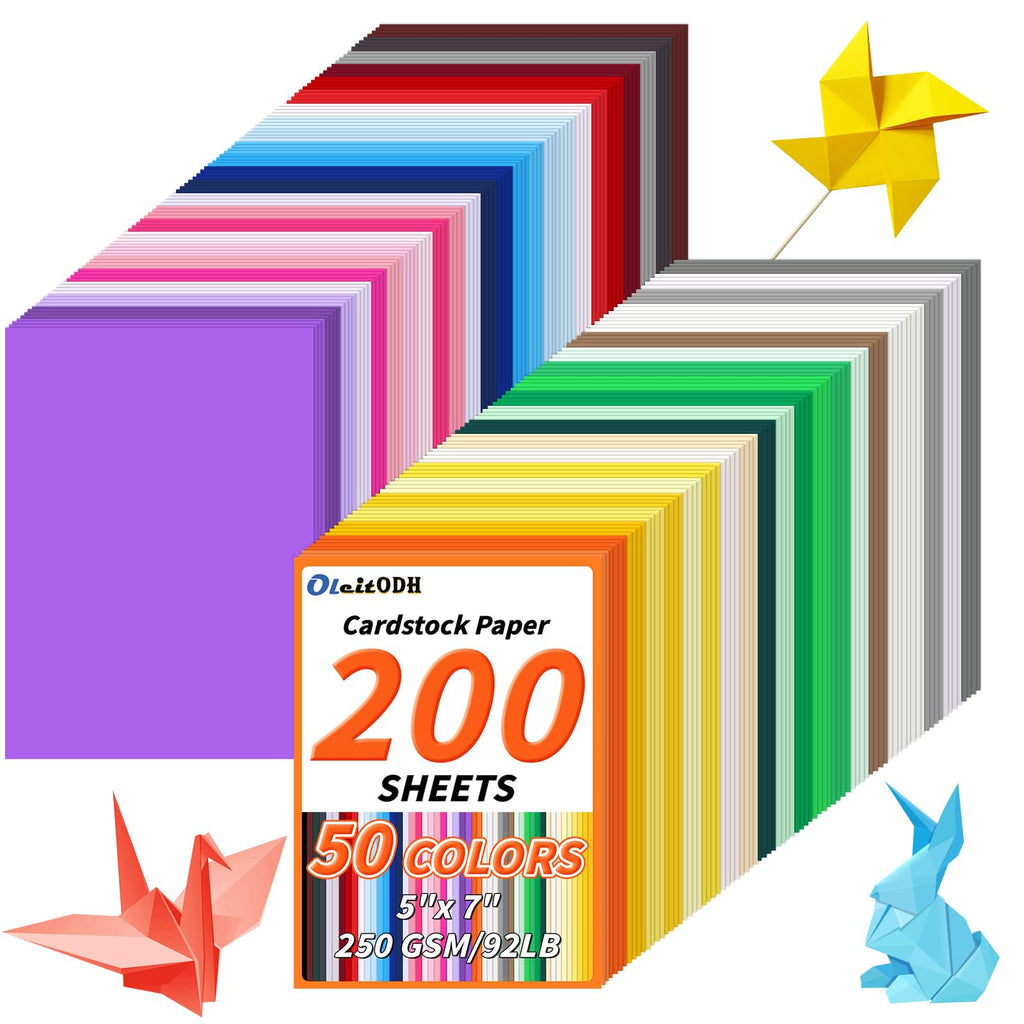 200 Pack 5" x 7" Cardstock, 50 Colors, 250GSM Thick Colored Paper