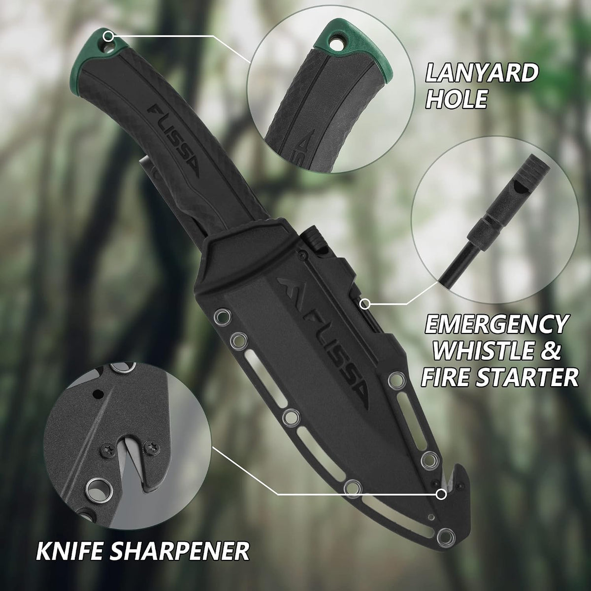 FLISSA 4-7/8 Inch Survival Knife with Sheath Fire Starter Whistle Fixed