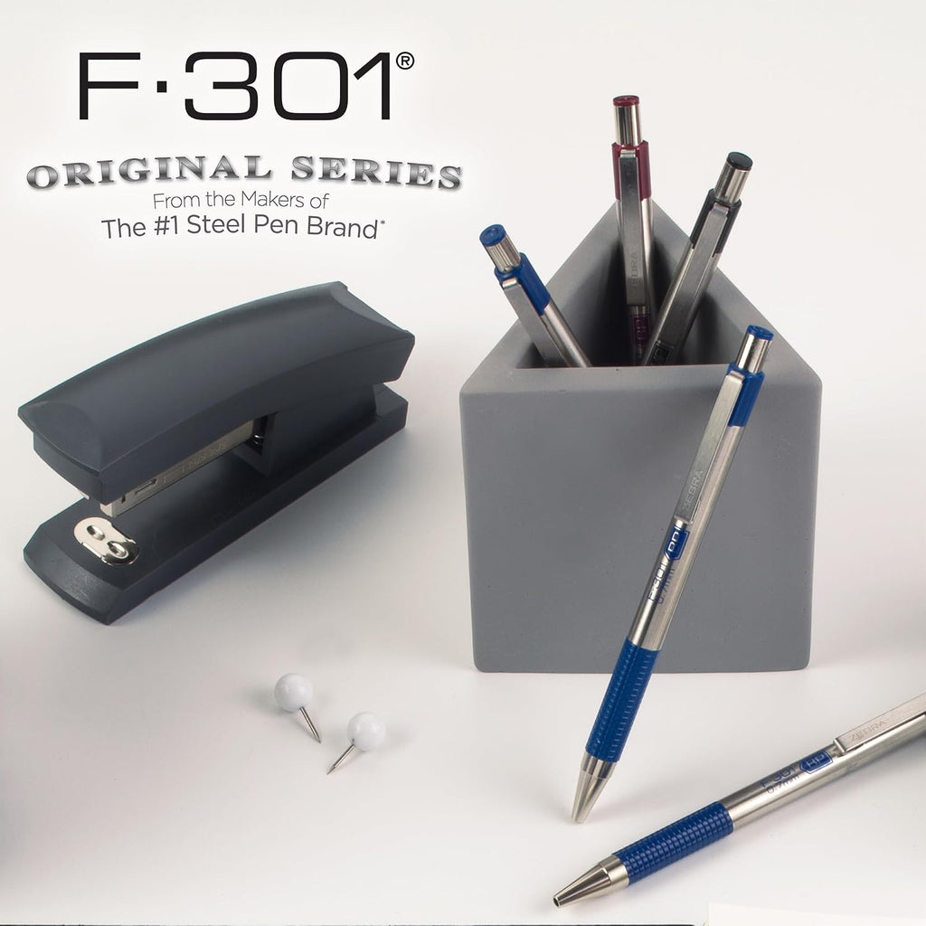 Zebra Pen STEEL F-301 Retractable Ballpoint Pen, Blue Ink, 0.7mm, 6-Pack