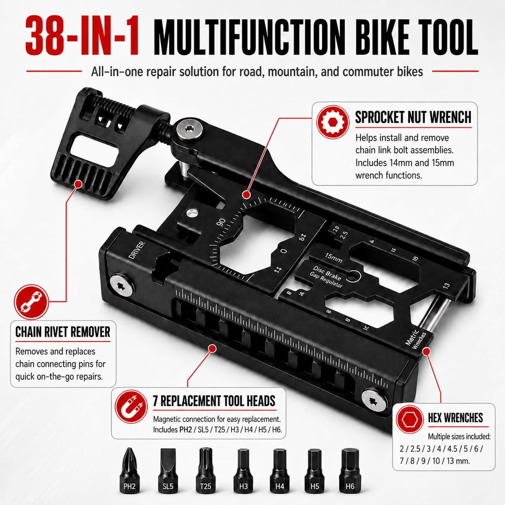 38-in-1 Bike Multitool – Portable Magnetic Bike Repair Tool Set with Tire Levers