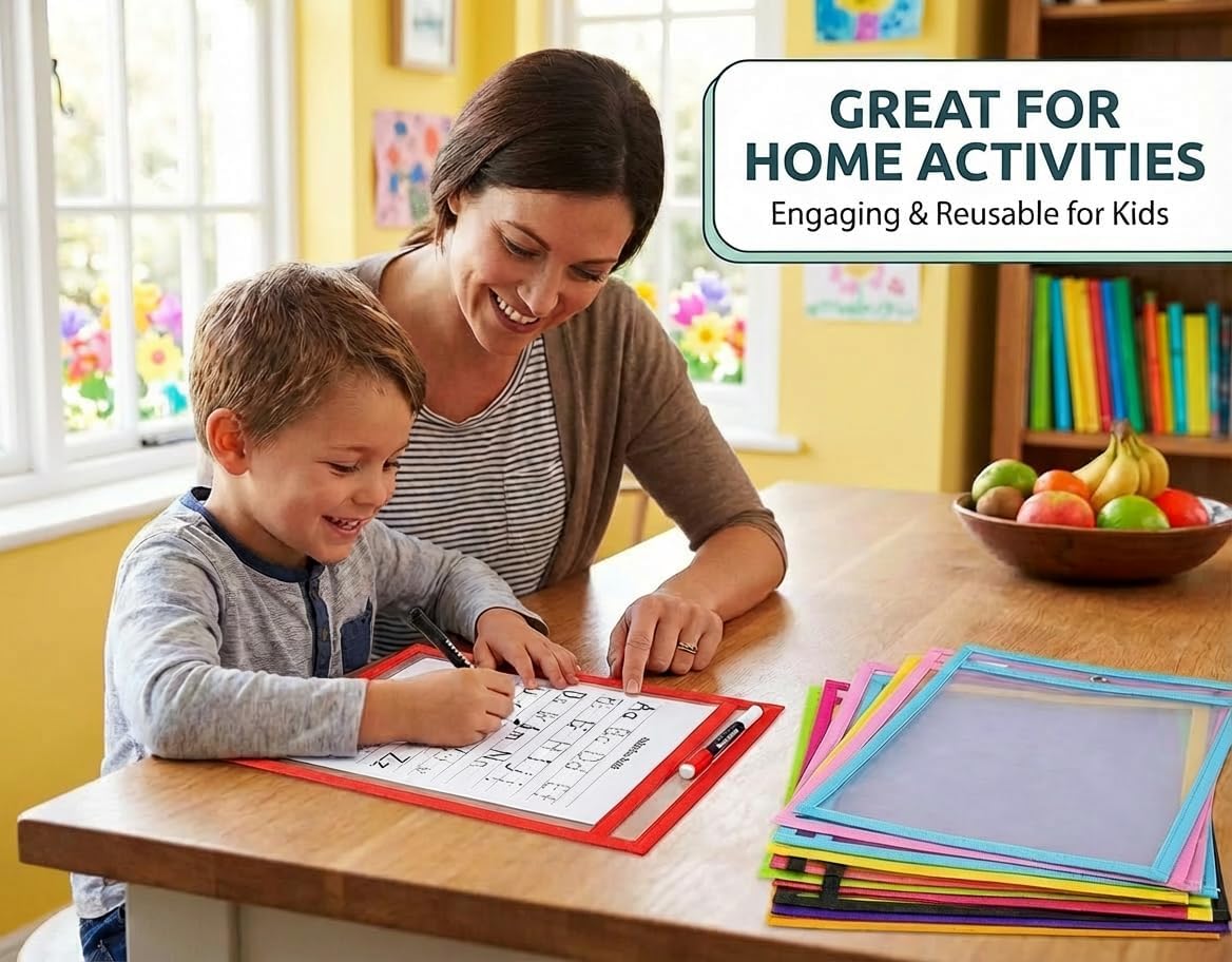 Dry Erase Pockets, 10 Pack Oversized 10 x 14 Reusable Sleeves for 8.5 x 11 Worksheets