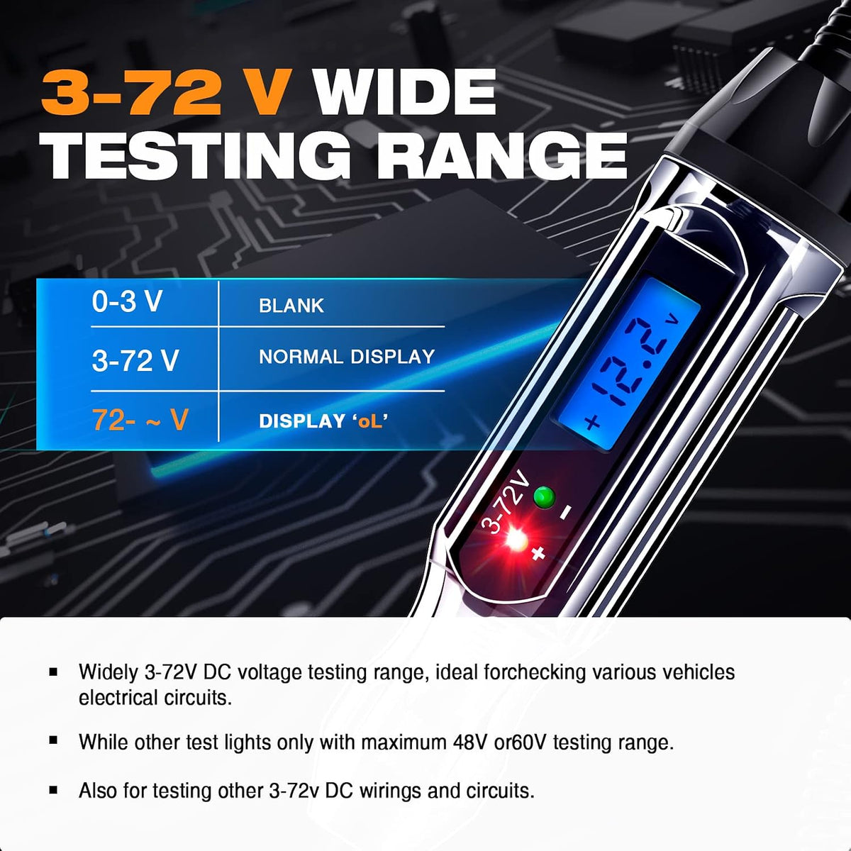 3-72V Backlit Digital LCD Circuit Tester, 140 Inch Wire & 2 LED Lights