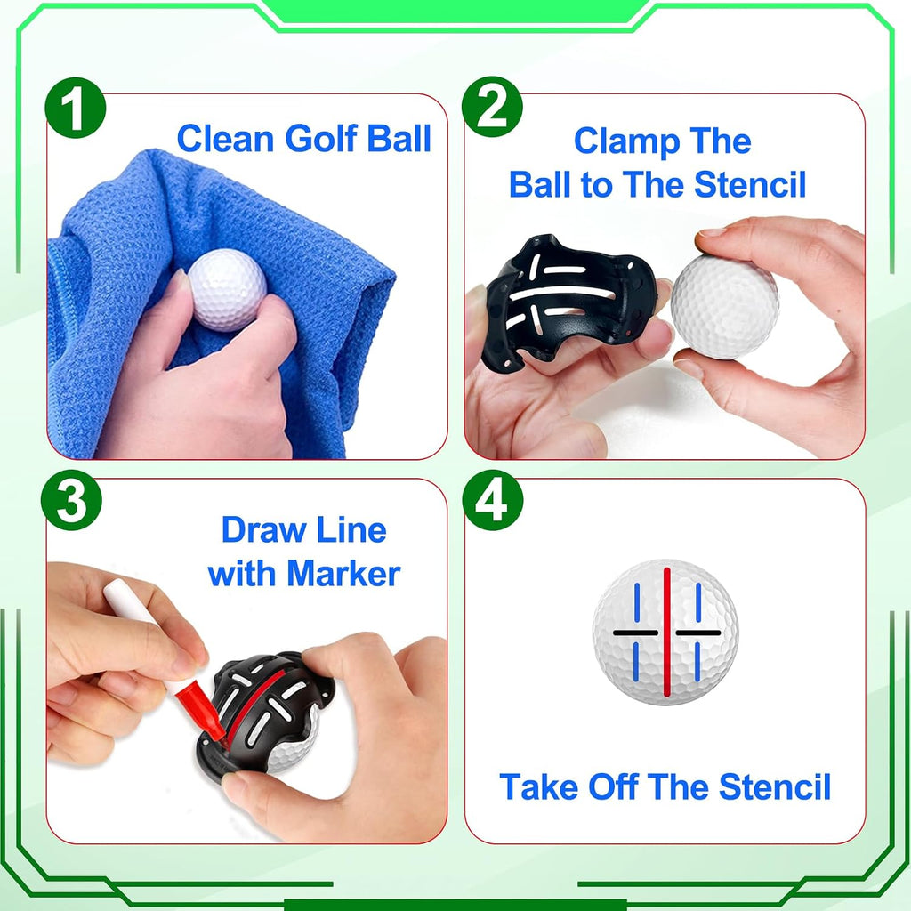 Golf Ball Line Marker Tool, 3 Golf Ball Marker Stencil and 3 Color Golf Ball Line Marker