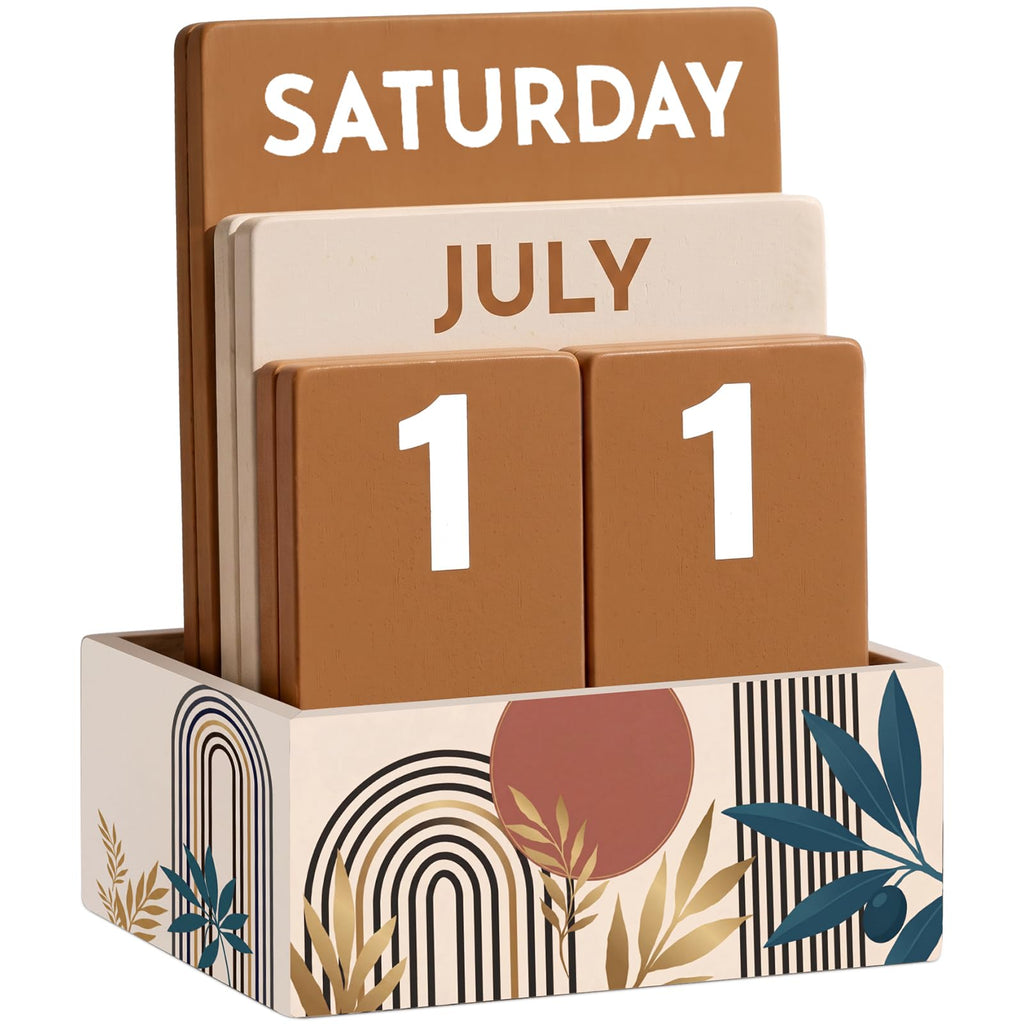 Novabright Bow Wood Block Perpetual Calendar,Desk Decor, Pink