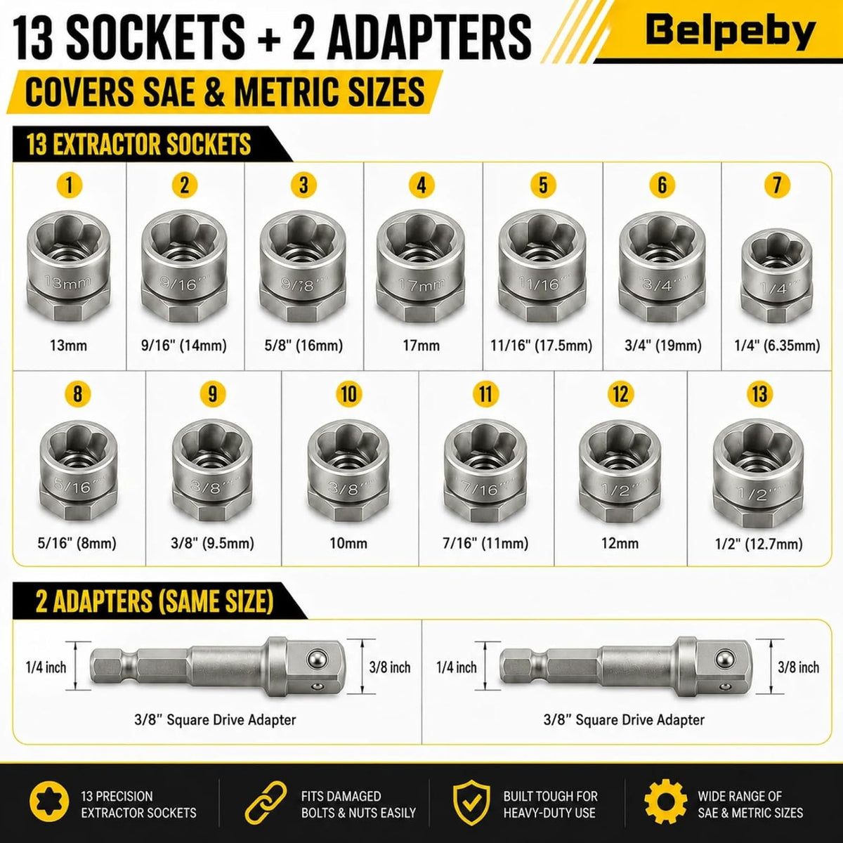 15-Piece Bolt Extractor Kit, Stripped Bolt & Nut Remover Set