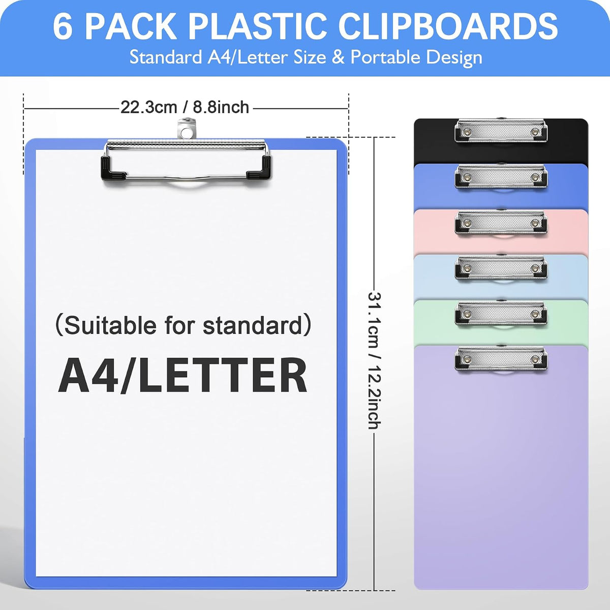 6 Pack Plastic Clipboards, Assorted Colors, Standard A4/Letter Size