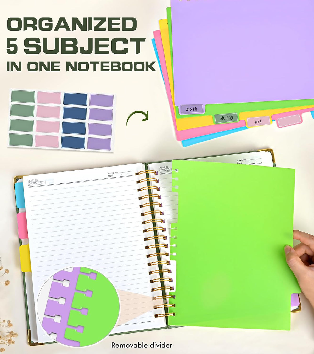5 Subject Spiral Notebook Journal with Removable Dividers Tabs
