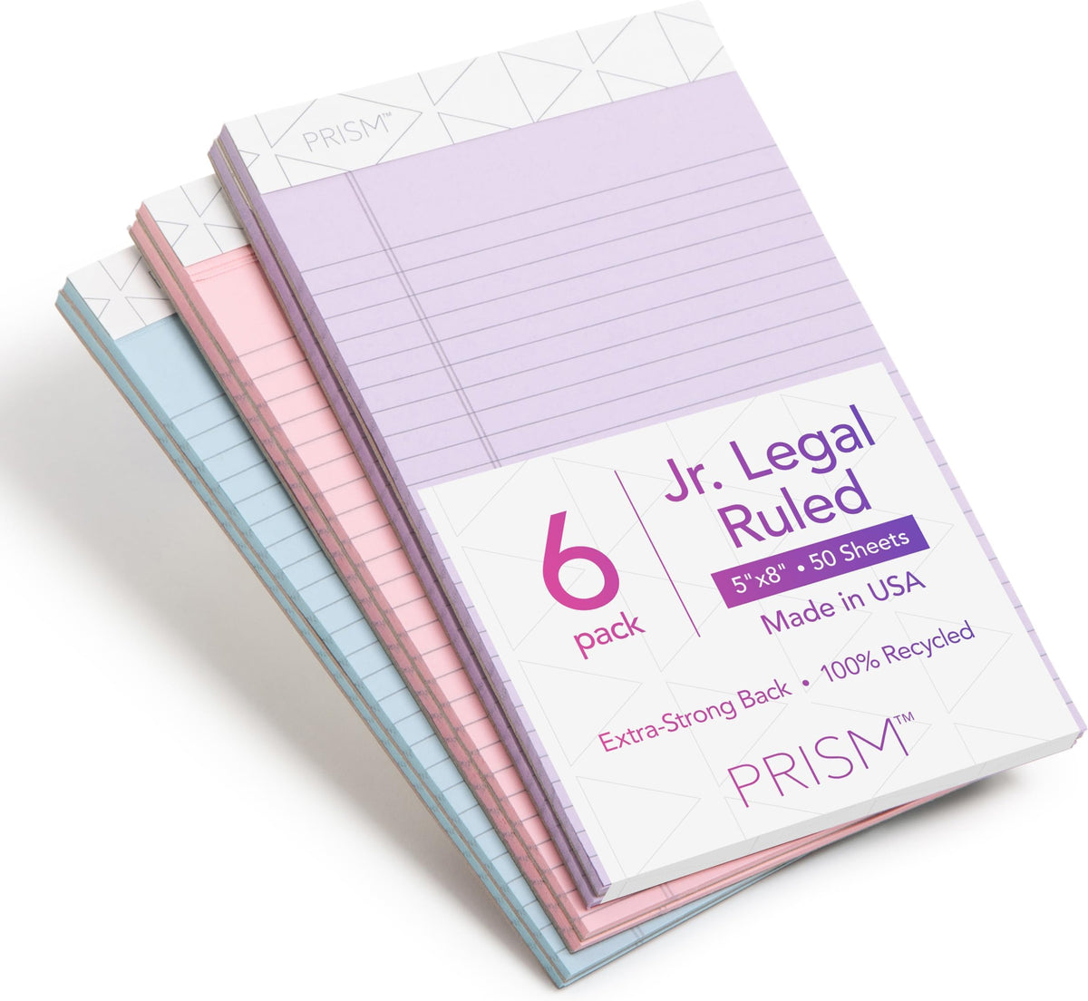 TOPS 5 x 8 Legal Pads, 6 Pack, Prism Brand, 2 Pink/2 Blue/2 Purple, Narrow Ruled