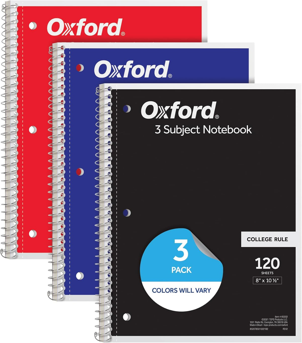 Oxford Spiral Notebooks, 3 Pack, 3 Subject, College Ruled Notebooks for School