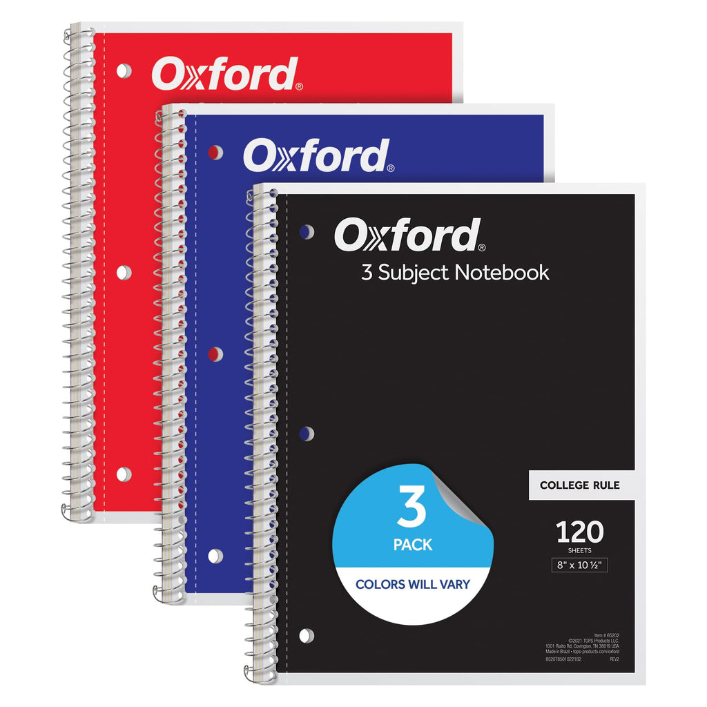 Oxford Spiral Notebooks, 3 Pack, 3 Subject, College Ruled Notebooks for School