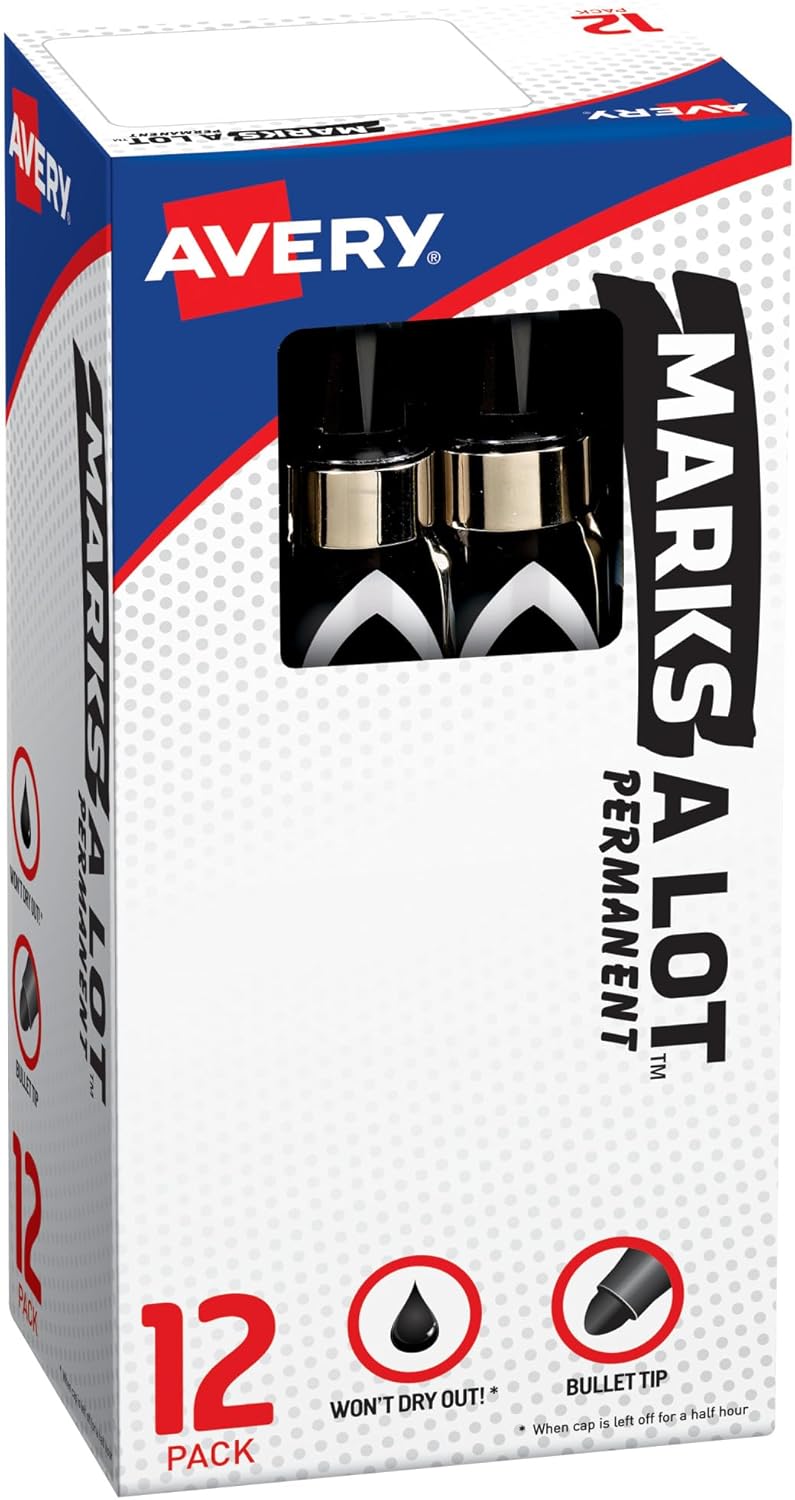 Marks-A-Lot Avery Permanent Markers, Bullet Tip, 12 Black Markers