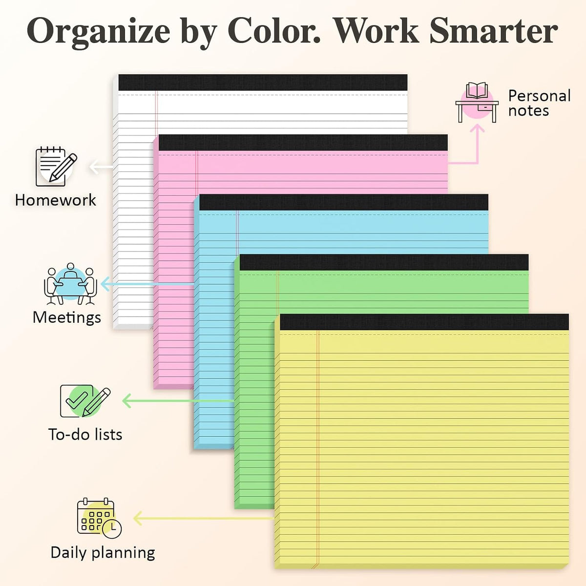 5 Pack 11x9.5 Horizontal Legal Pads, 30 Sheets Each, 5 Bright Colors