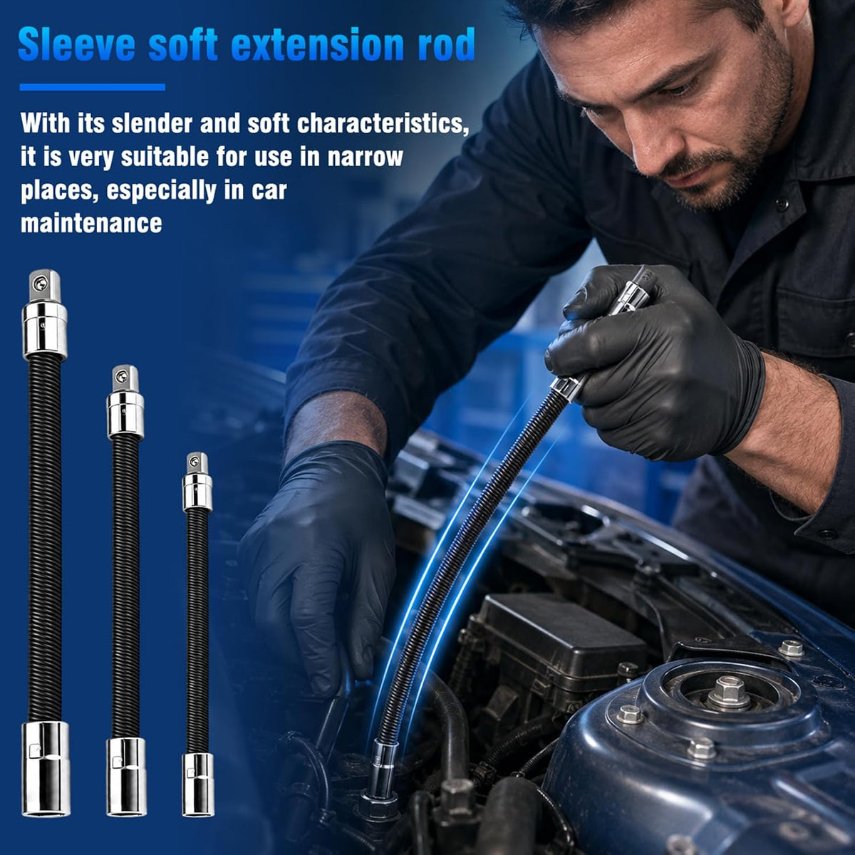 3Pcs Flexible Socket Extension Set - 1/4" 3/8" 1/2" Shaft Drive 10" 8" 6"