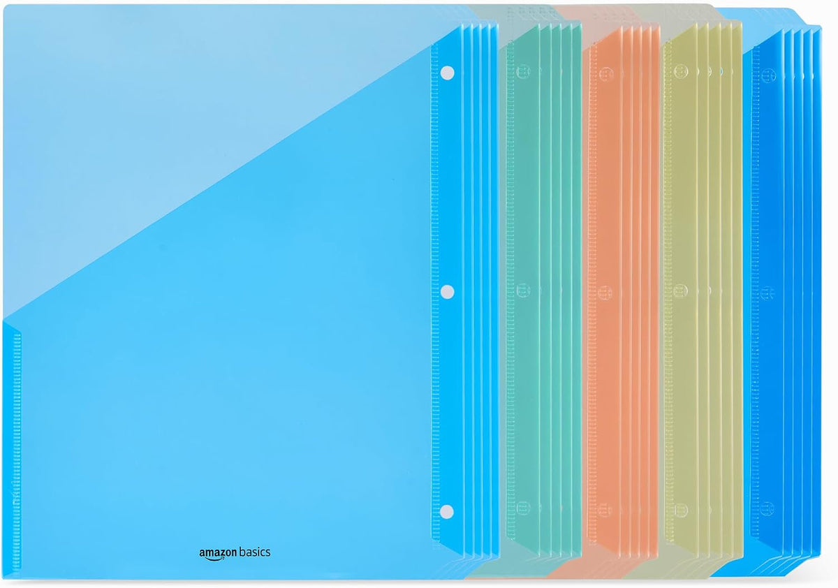 Amazon Basics Binder Organizer, Plastic Document Folders, File Jacket, 3-Hole Punch