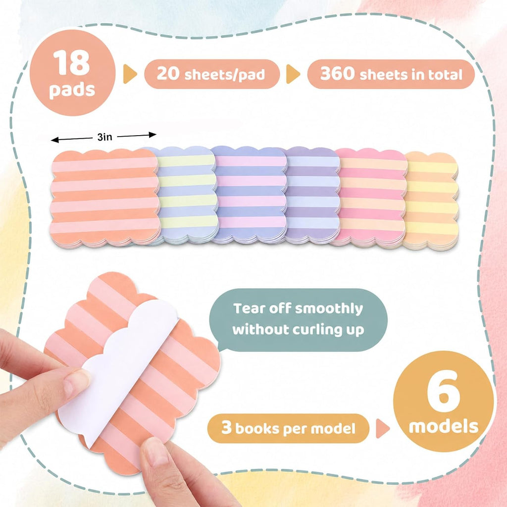 JarThenaAMCS 18 Pack Scalloped Sticky Notes, Colorful Pastel Stripe, 3 Inch