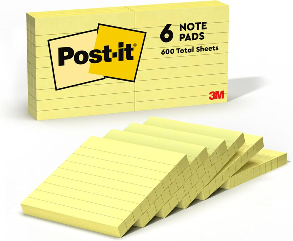 Post-it Notes, 3 x 3 in, The Iconic Canary Yellow Note, 6 Lined Pads