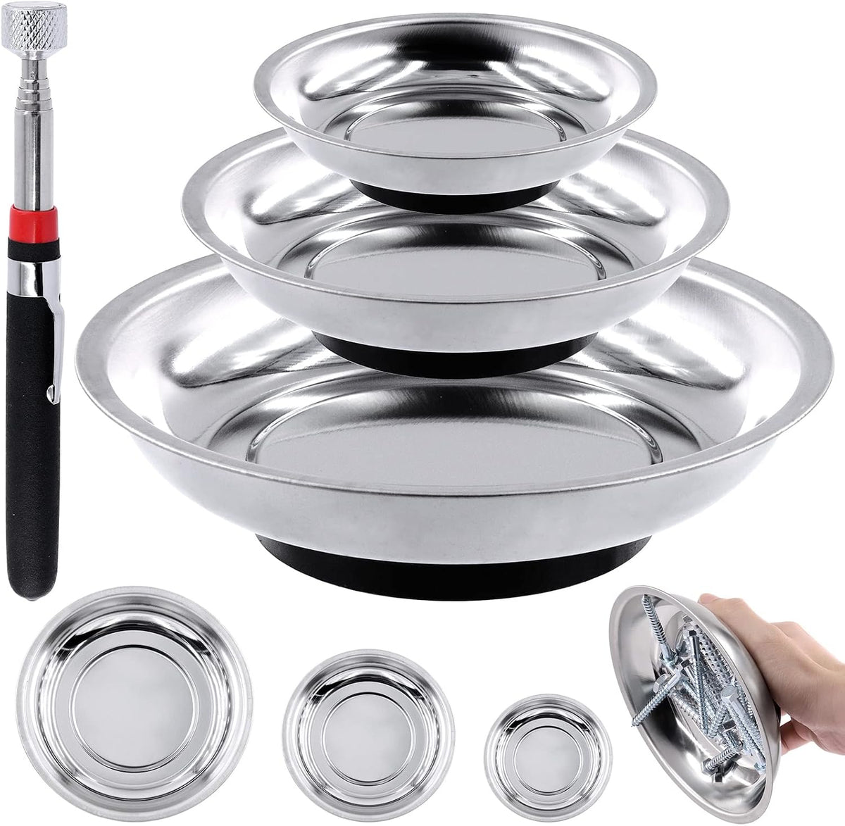 4Pcs 3" 4" 6" Magnetic Trays Tools & 10LB Telescopic Magnet Stick