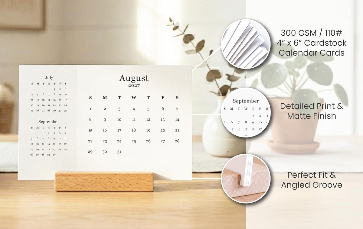 2027 Monthly Minimalist Office Desk Calendar - 3 Month Style - Wood Stand - Annual 12