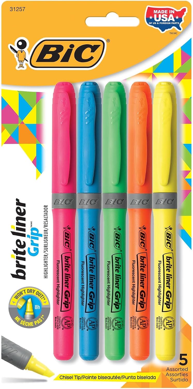 BIC® Brite Liner® Grip Highlighters, Assorted Colors, Pack Of 5
