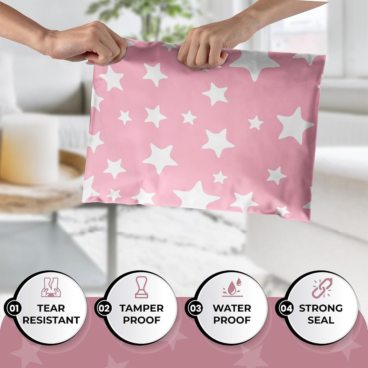 100 Count 10x13 Permanent Self Seal Light Pink & Stars Poly Mailers, 2 Mil