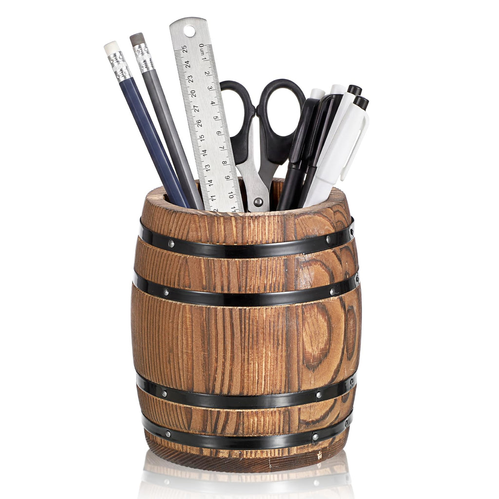 Rustic Wooden Pen Holders for Desk, Wine Barrel Shaped Pencil Cup
