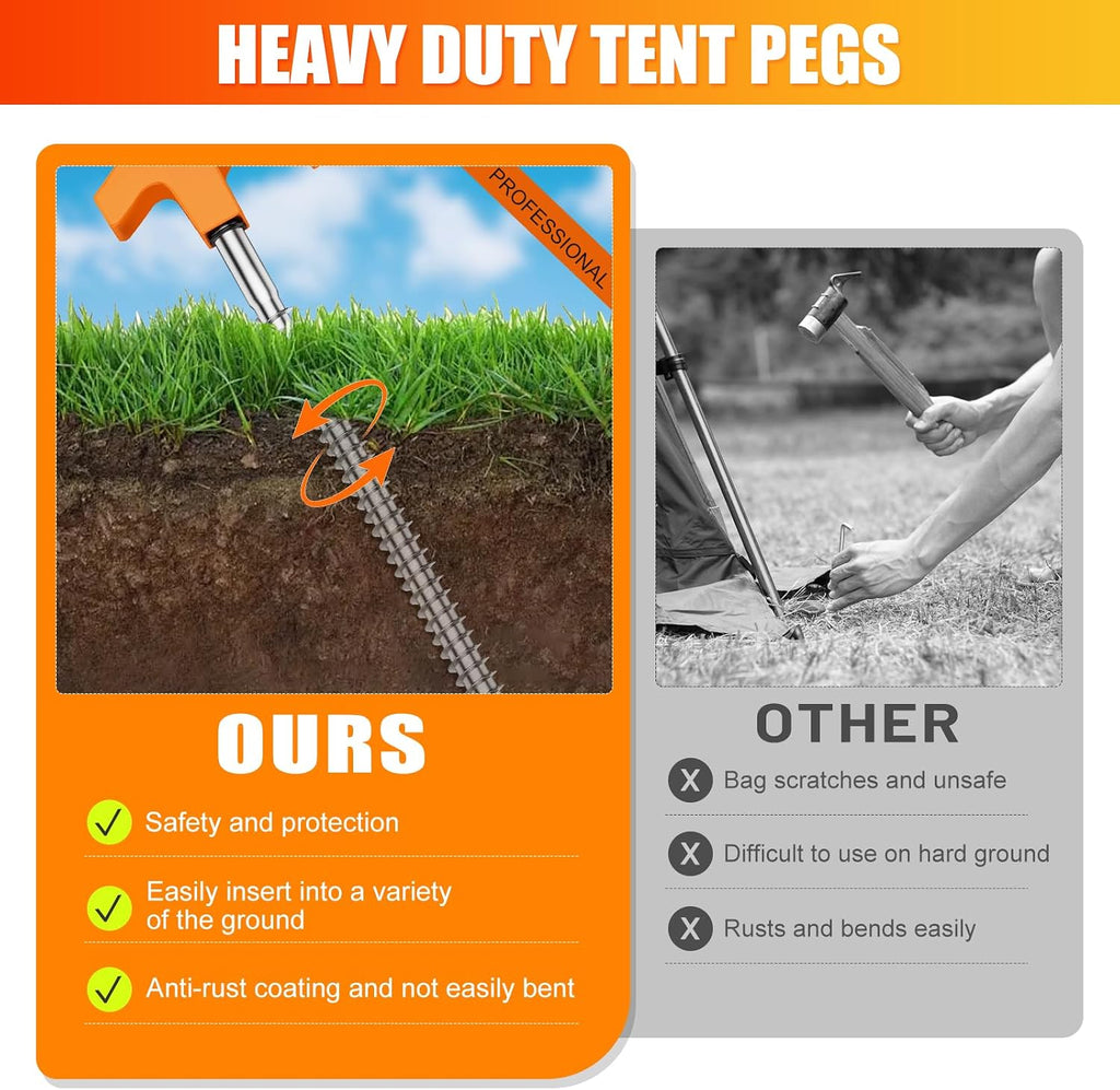 10 Pack 8 Inch Tent Stakes Heavy Duty, Screw in Tent Stakes with Storage Bag and Hex Head