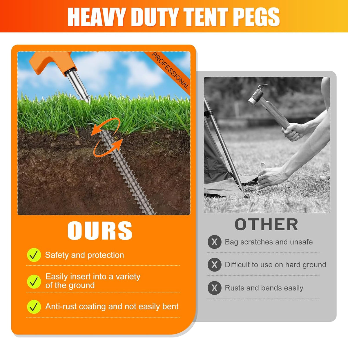 10 Pack 8 Inch Tent Stakes Heavy Duty, Screw in Tent Stakes with Storage Bag and Hex Head