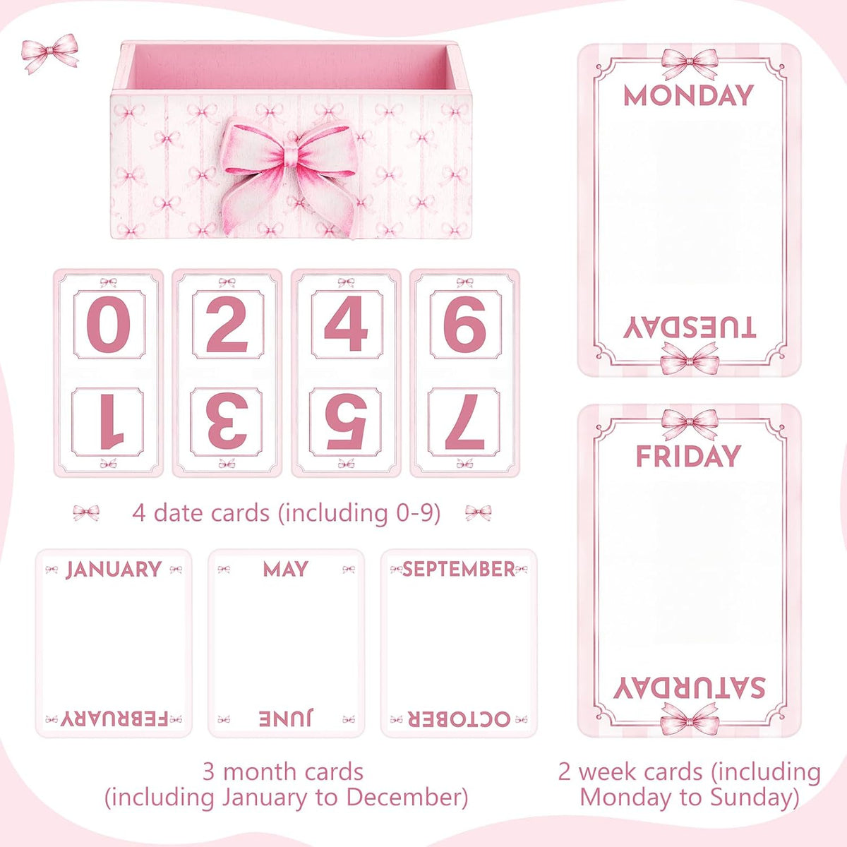 Novabright Bow Wood Block Perpetual Calendar,Desk Decor, Pink