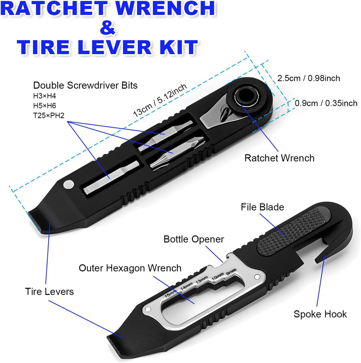 14-in-1 Bike Tire Levers Kit, Bike Multitool, Mini Ratchet Wrench