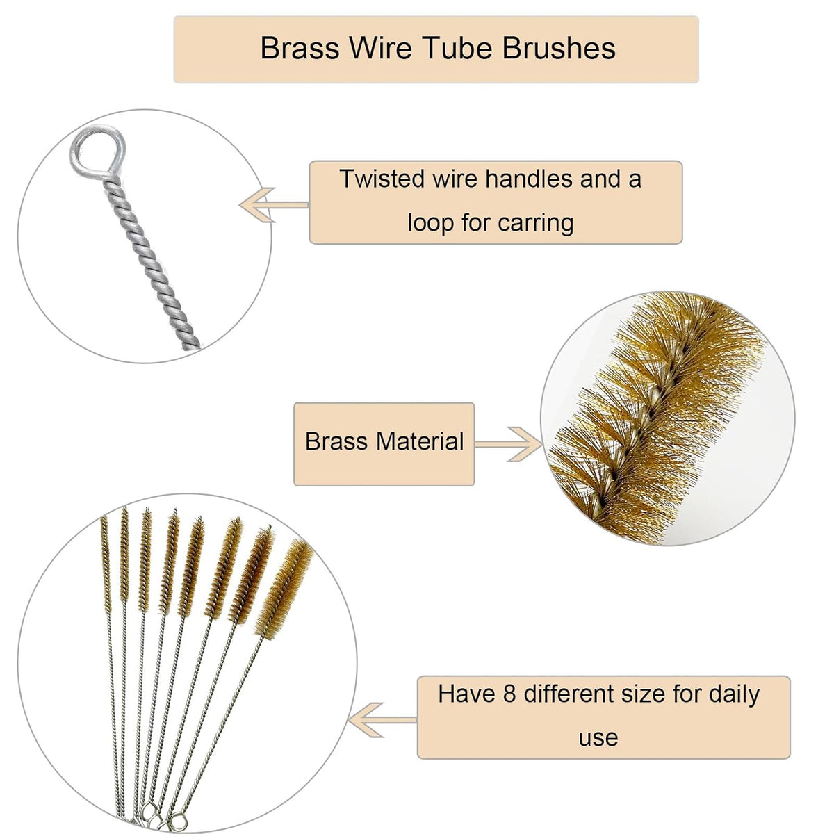 8Pcs Brass Wire Tube Cleaning Brush Set 12inch Long Handle Bristle Tube Brush Metal Pipe