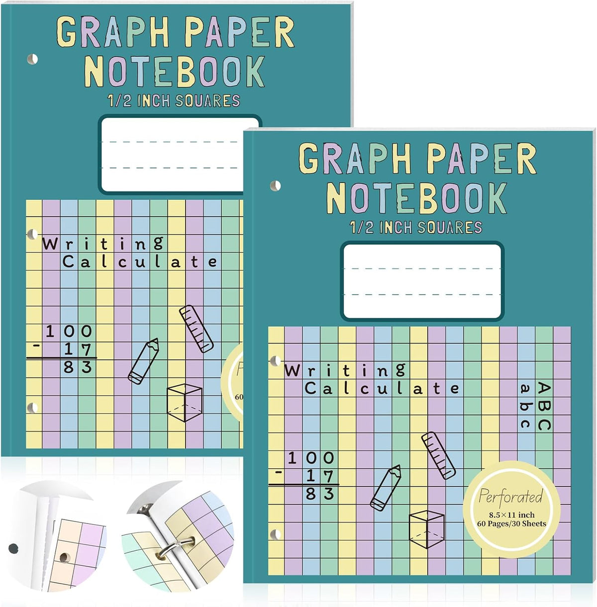 2 Pack Colored Graph Paper Notebook 8.5"x 11" Large Square Graph Paper for 3 Ring Binder