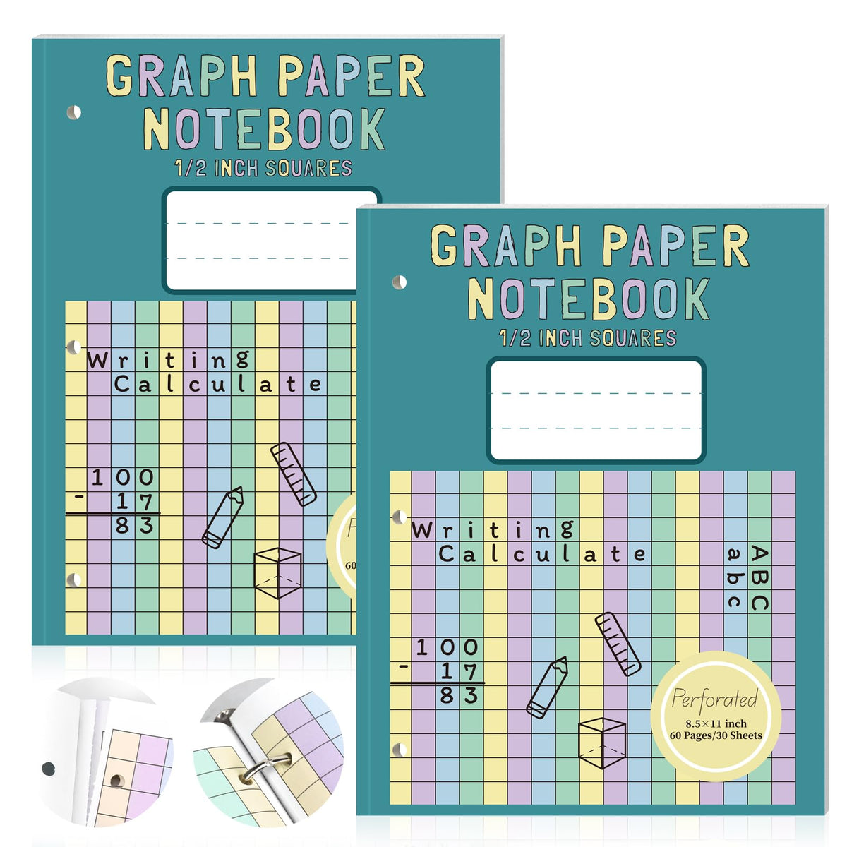2 Pack Colored Graph Paper Notebook 8.5"x 11" Large Square Graph Paper for 3 Ring Binder