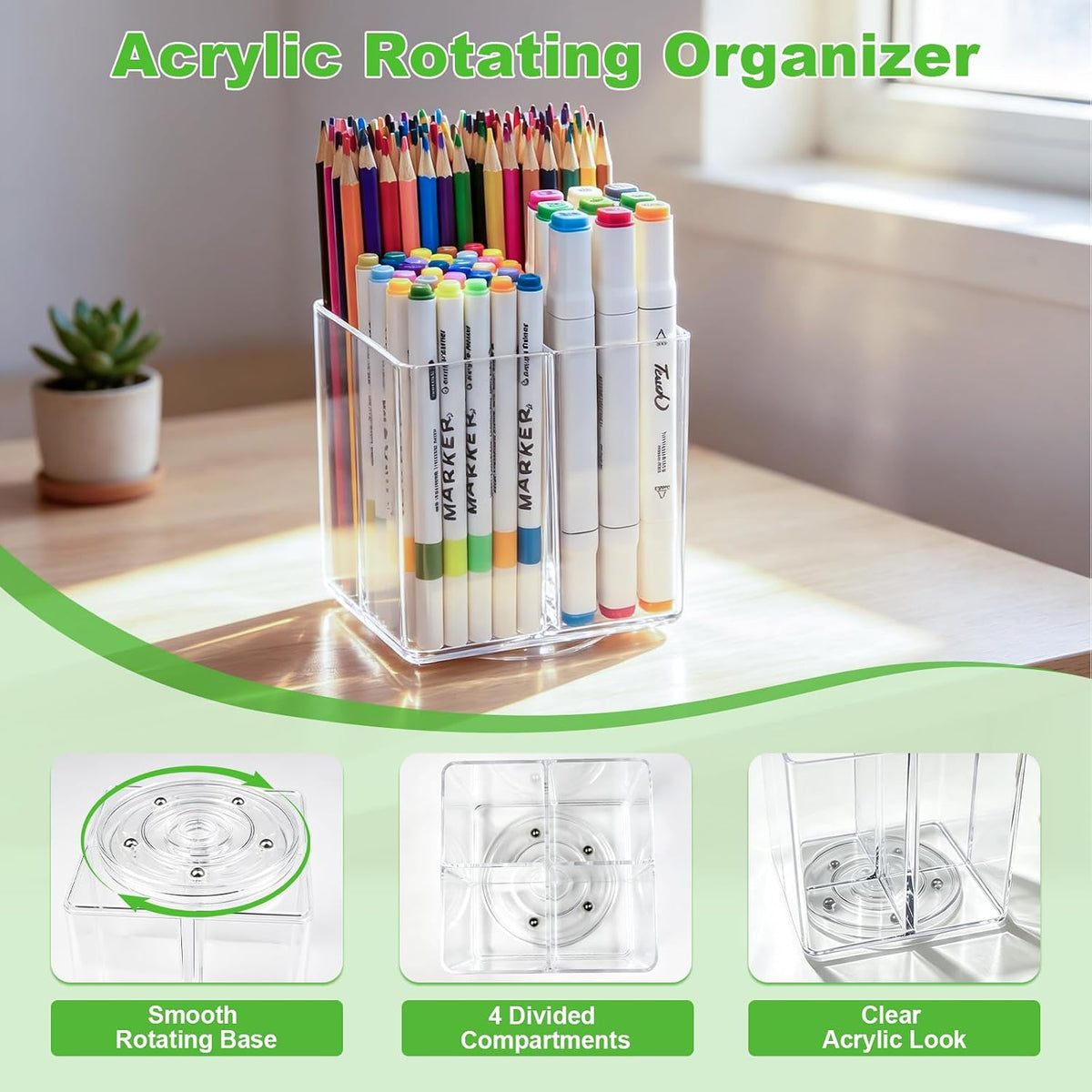Clear Acrylic Pen Holder, 4 Compartments 360°Rotating Desk Organizer