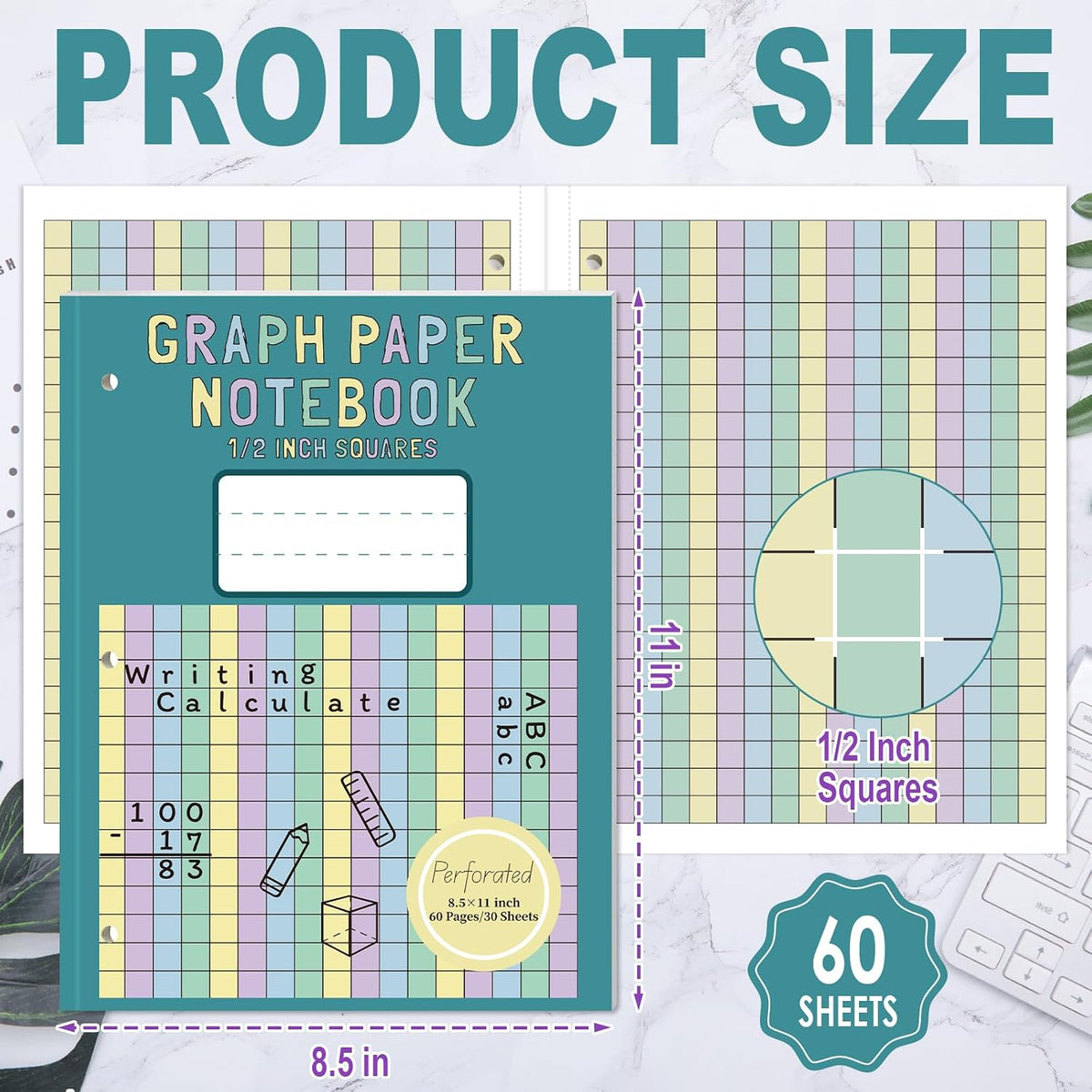 2 Pack Colored Graph Paper Notebook 8.5"x 11" Large Square Graph Paper for 3 Ring Binder