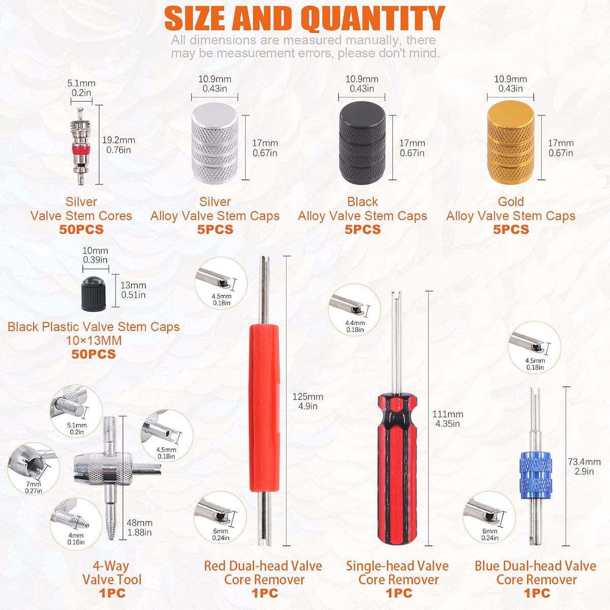 119Pc Valve Core Remover Tools with Aluminum Tire Stem Caps