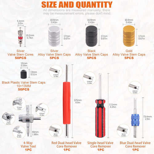 119Pc Valve Core Remover Tools with Aluminum Tire Stem Caps