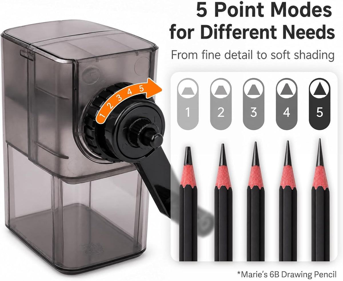 Marie’s Manual Pencil Sharpener, 5 Point Modes, Auto-Stop, Transparent Shavings Bin
