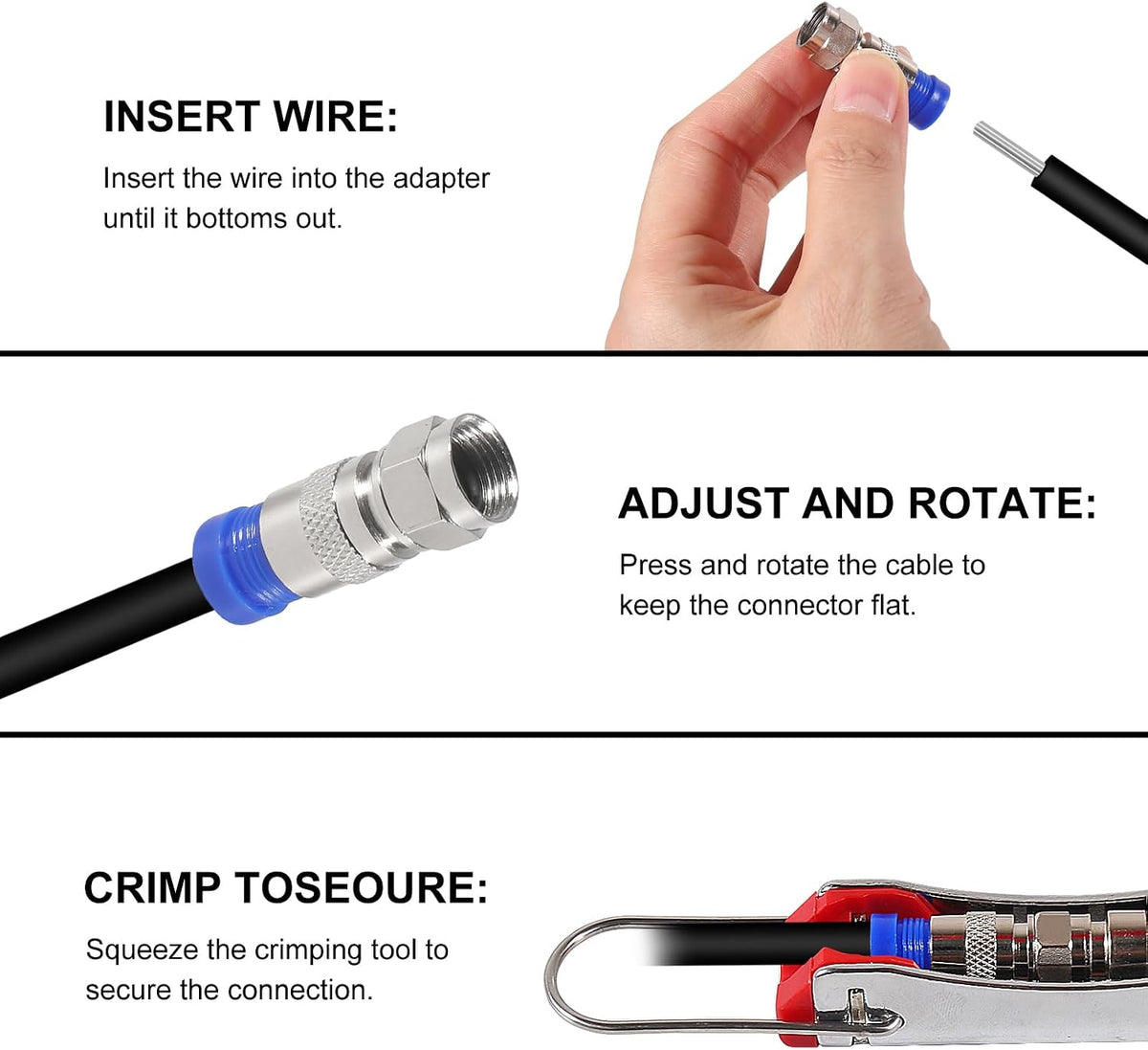 10Pcs F Type RG6 Compression Connectors Coaxial Cable Crimper Kit with Wire Stripper