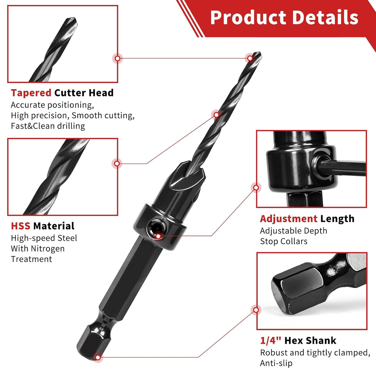 Countersink Drill Bit Set, 15PCS Adjustable Tapered HSS Drill Bit Set for Woodworking